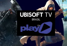 Logos da PlayTV e da Ubisoft destacando parceria para exibição de programas gamers na televisão brasileira