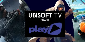 Logos da PlayTV e da Ubisoft destacando parceria para exibição de programas gamers na televisão brasileira