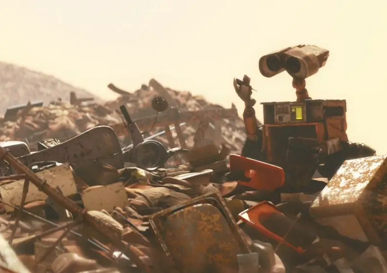 Wall-E observa a Terra coberta de lixo, simbolizando consumismo, tecnologia excessiva e um futuro dominado pela IA.