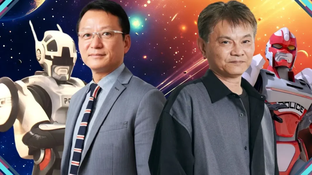 Tomonori Yoshida e Tom Saeba ao lado de seus personagens Júpiter e Saturno em Cybercop, atração confirmada no Anime Friends 2026