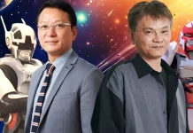 Tomonori Yoshida e Tom Saeba ao lado de seus personagens Júpiter e Saturno em Cybercop, atração confirmada no Anime Friends 2026