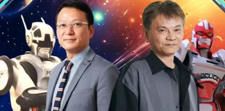 Tomonori Yoshida e Tom Saeba ao lado de seus personagens Júpiter e Saturno em Cybercop, atração confirmada no Anime Friends 2026