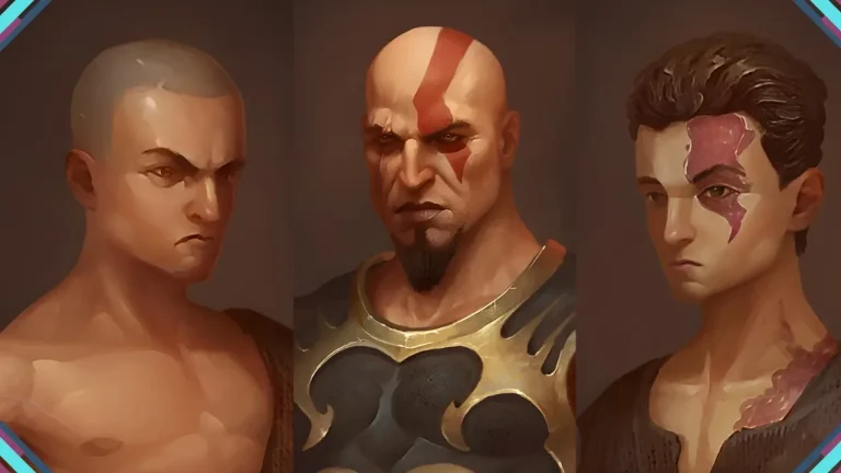 Kratos jovem, Kratos clássico e Deimos, inlustrafdos no elenco de voz.
