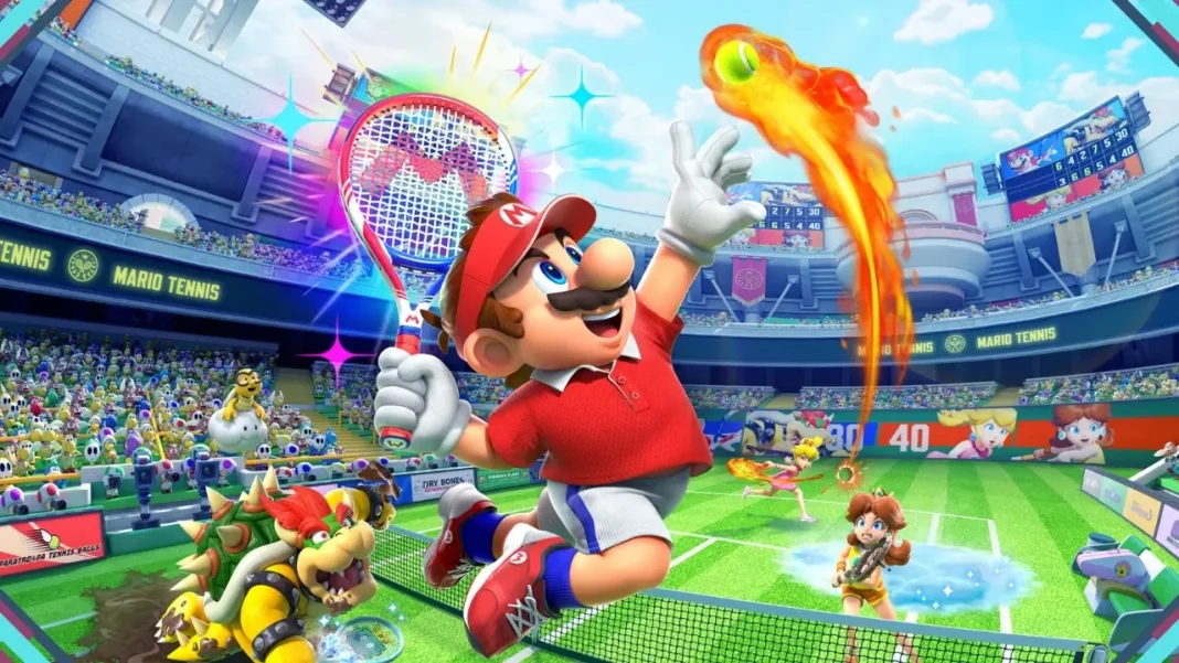 Mario e outros personagens jogam tênis em quadra colorida em Mario Tennis Fever no Nintendo Switch 2