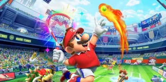 Mario e outros personagens jogam tênis em quadra colorida em Mario Tennis Fever no Nintendo Switch 2