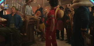 Piratas do Chapéu de Palha reunidos comemorando em ambiente fechado na 2ª temporada de One Piece