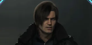 Leon Kennedy em Resident Evil Requiem apontando arma em cenário sombrio