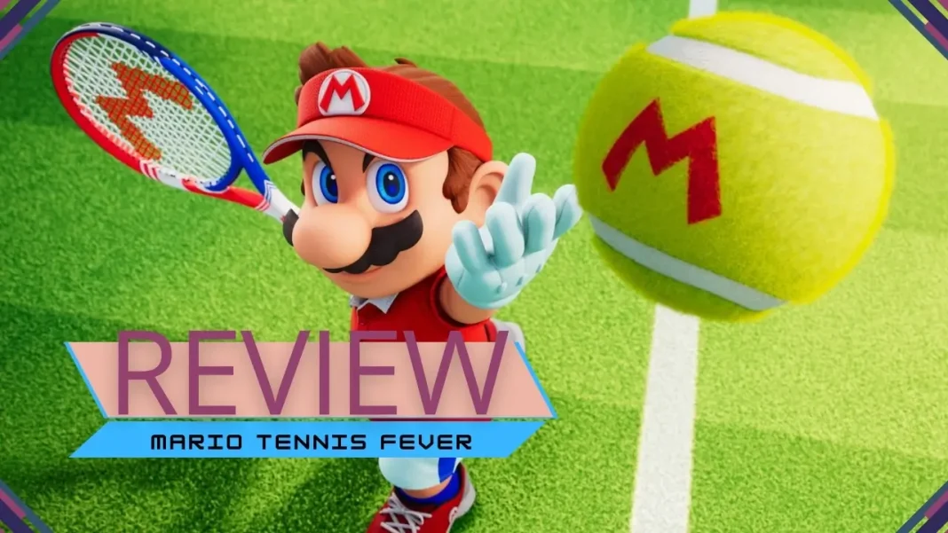Mario em partida de Mario Tennis Fever no Switch 2 durante análise da Royal Tennis Academy