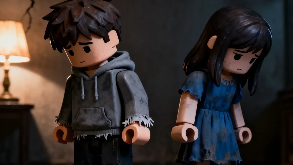 Personagens virtuais de Roblox com expressão de tristeza