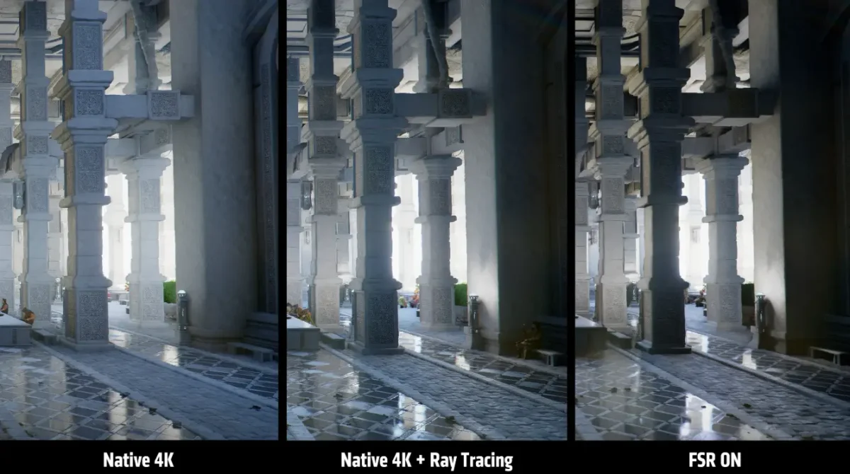 Comparação visual em Crimson Desert entre Native 4K, Native 4K com Ray Tracing e FSR ativado em corredor com colunas e piso refletivo