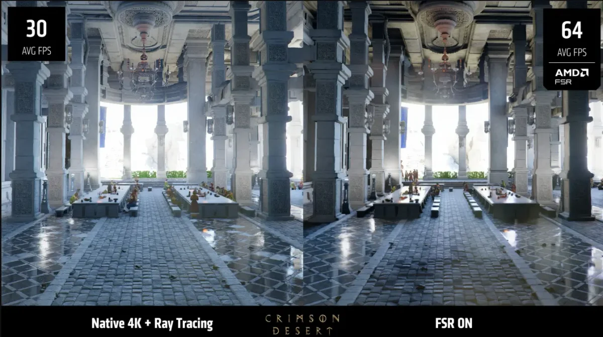 Comparação de qualidade visual em Crimson Desert com e sem AMD FSR 4.1 ativado