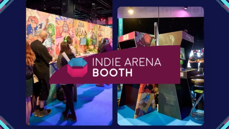 Indie Arena Booth na Gamescom com estandes de jogos independentes apresentados por desenvolvedores