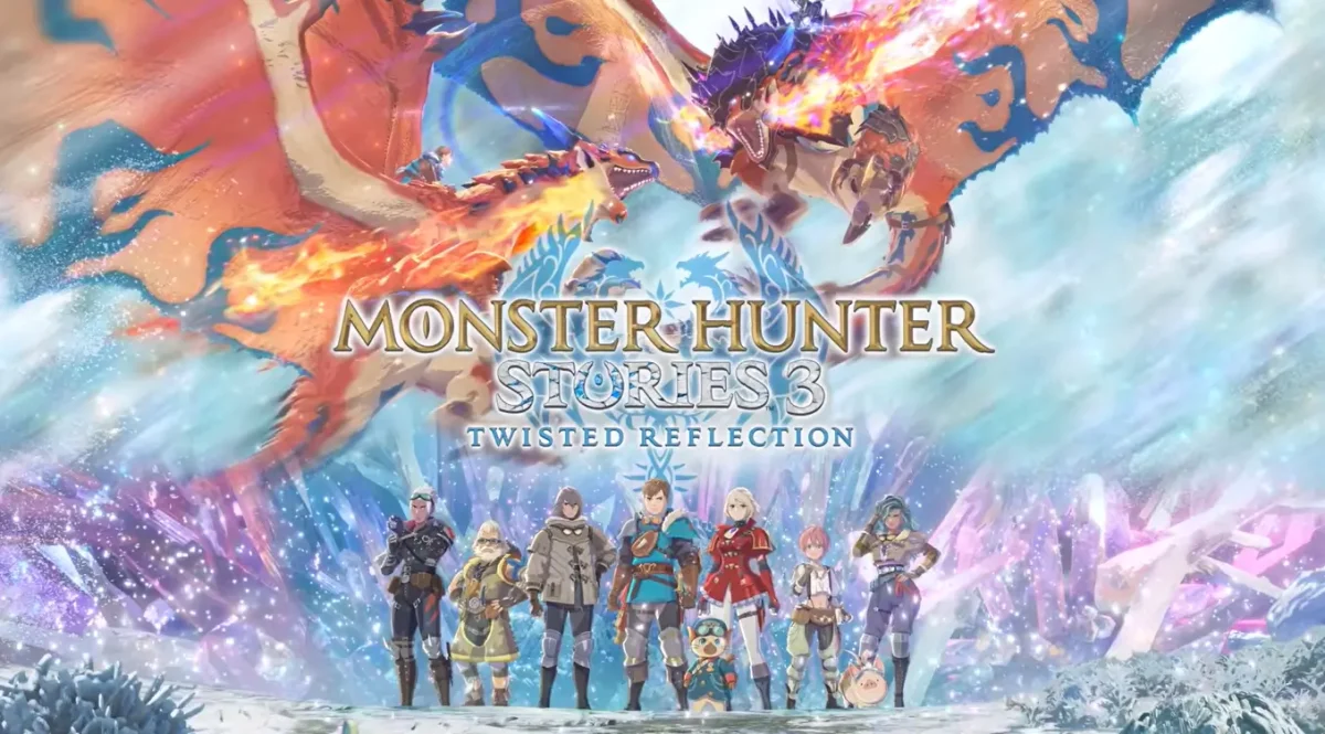 Personagens e monstros explorando o mundo de Monster Hunter Stories 3