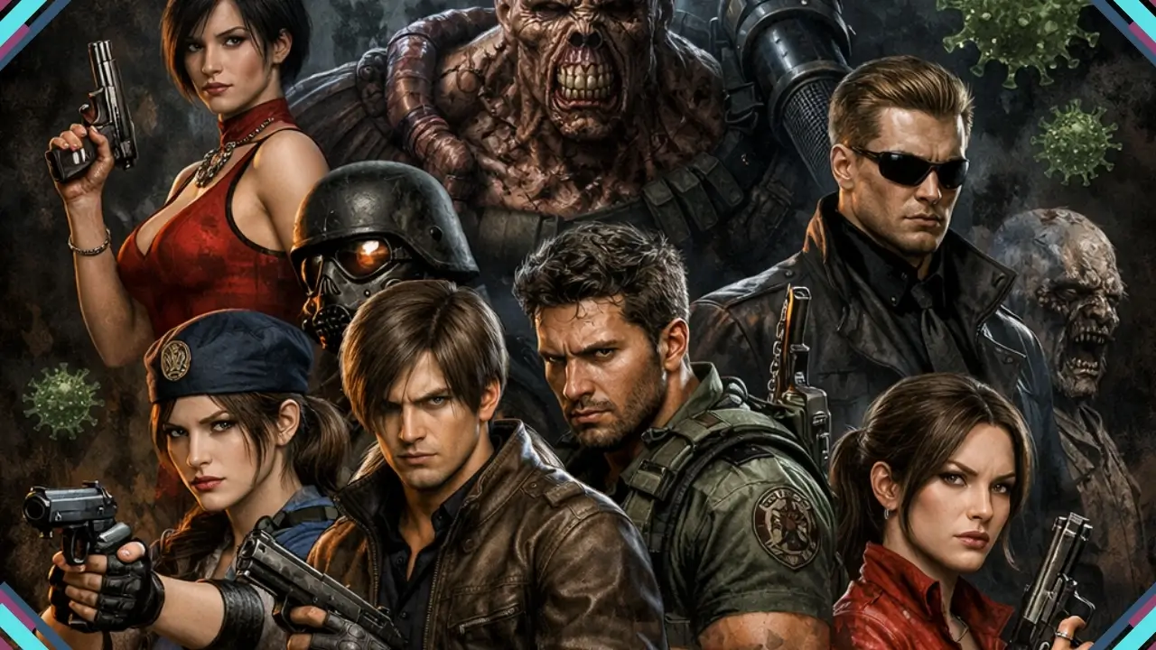 Montagem com personagens icônicos de Resident Evil celebrando 30 anos da franquia em arte promocional com atmosfera sombria