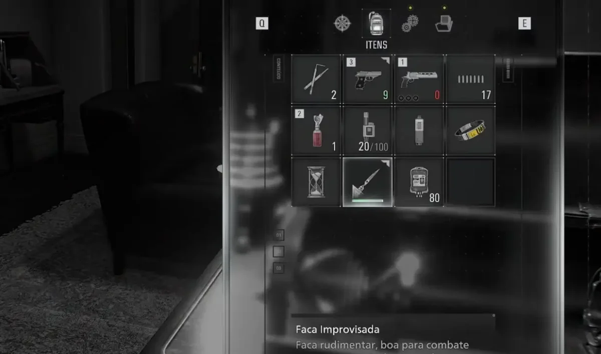 Interface de inventário e gerenciamento de itens em Resident Evil Requiem