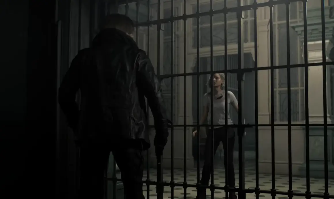 Grace Ashcroft  e Leon S. Kennedy separados por uma grande em cena do jogo de Resident Evil Requiem (RE9)