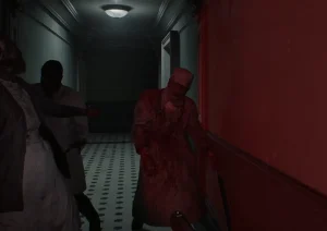Ambiente com iluminação vermelha intensa reforçando atmosfera de terror e perigo dos personagens infectados.