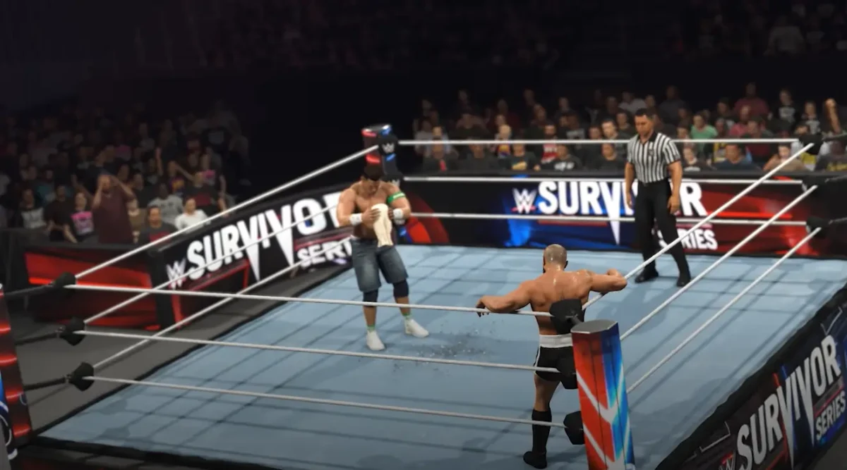 Personagem inspirado no lutador e ator John Cena em combate no ogo WWE 2K26