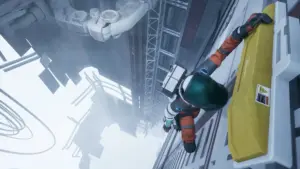 Cena de gameplay de Aphelion mostrando a astronauta Ariane em traje laranja escalando a estrutura metálica da nave acidentada, com paisagem gelada e enevoada ao fundo, no jogo de ação e aventura da DON'T NOD lançado em abril de 2026.