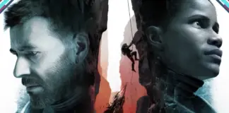 Arte oficial de Aphelion com os astronautas Thomas e Ariane em perfil oposto e figura em rapel entre os dois no planeta Persephone