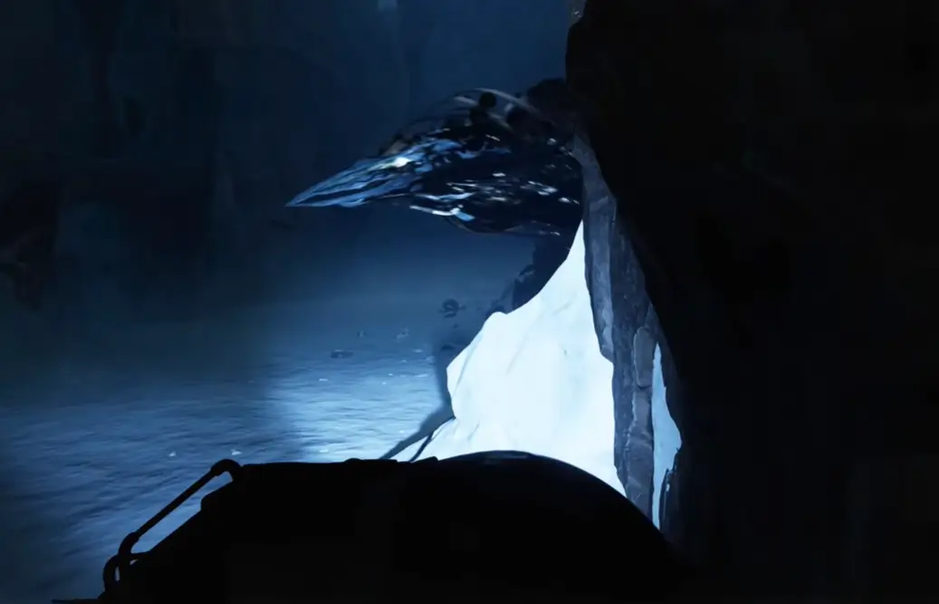 Aphelion no PC: requisitos mínimos e recomendados para jogar no Steam 1 Perspectiva do jogador observando o Nemesis à distância em caverna escura em Aphelion, game sci-fi da DON'T
