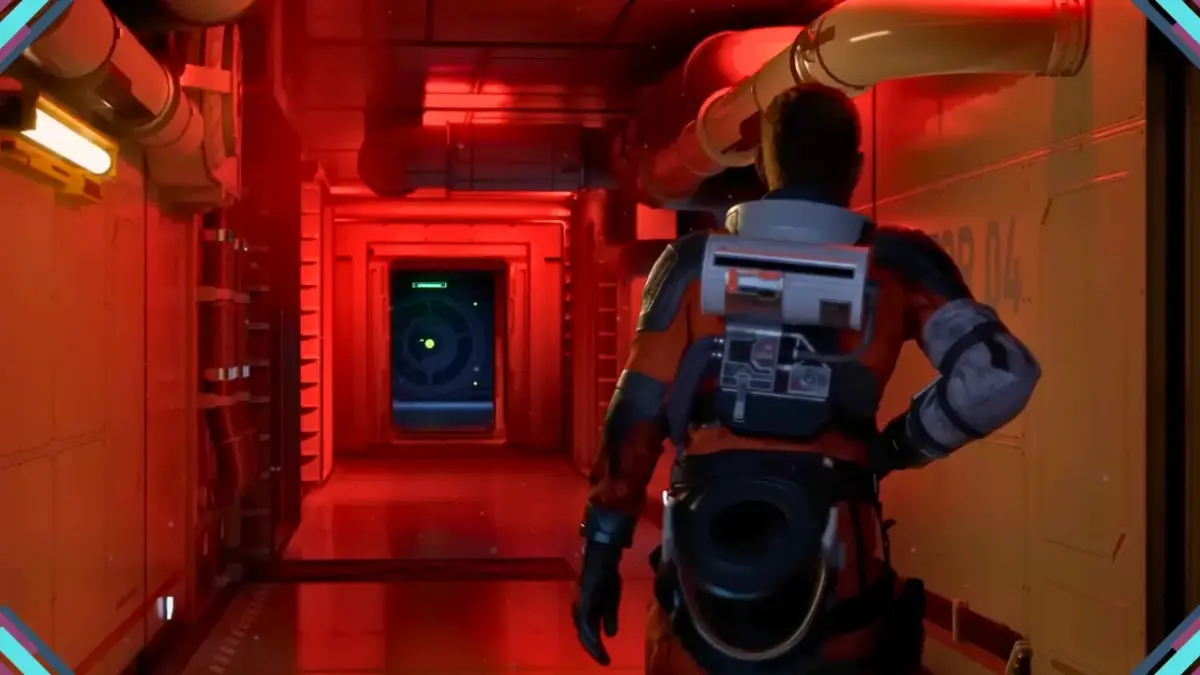 Astronauta de costas em corredor da nave com alerta vermelho ativo e painel de radar em Aphelion, game sci-fi da DON'T NOD, pronta para os requisitos de Aphelion no PC