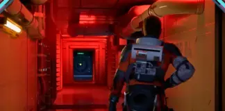 Astronauta de costas em corredor da nave com alerta vermelho ativo e painel de radar em Aphelion, game sci-fi da DON'T NOD, pronta para os requisitos de Aphelion no PC