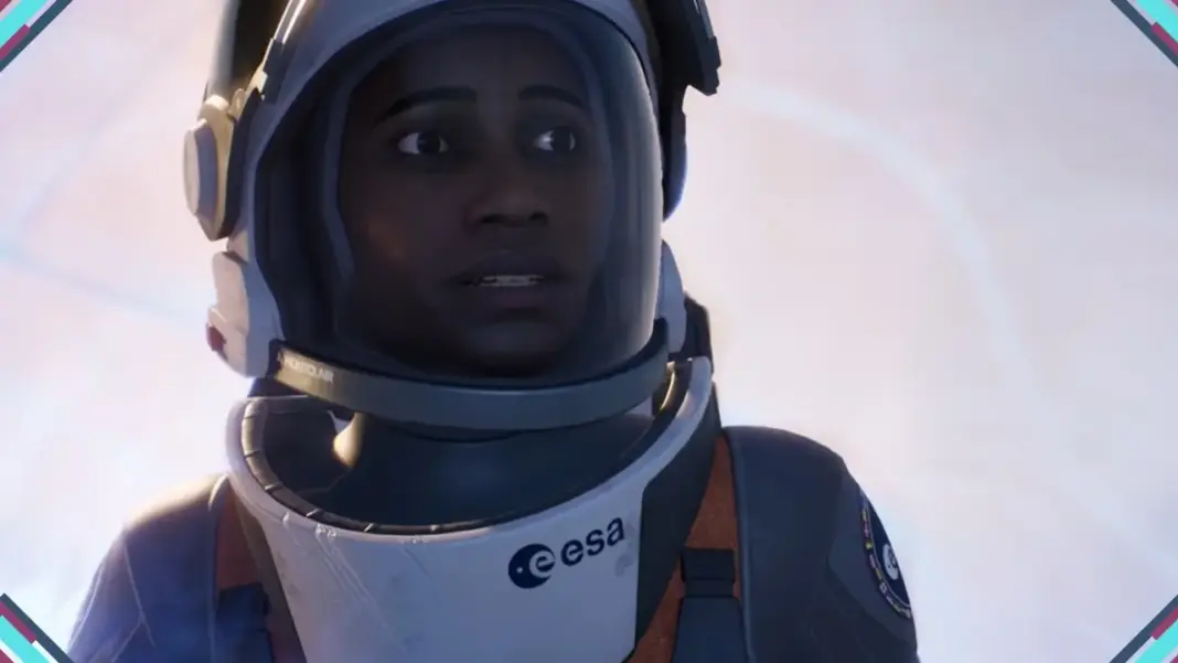 Ariane Montclair com traje da ESA e patch Hope-01 em cena cinemática de Aphelion, aventura sci-fi da DON'T NOD
