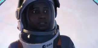 Ariane Montclair com traje da ESA e patch Hope-01 em cena cinemática de Aphelion, aventura sci-fi da DON'T NOD