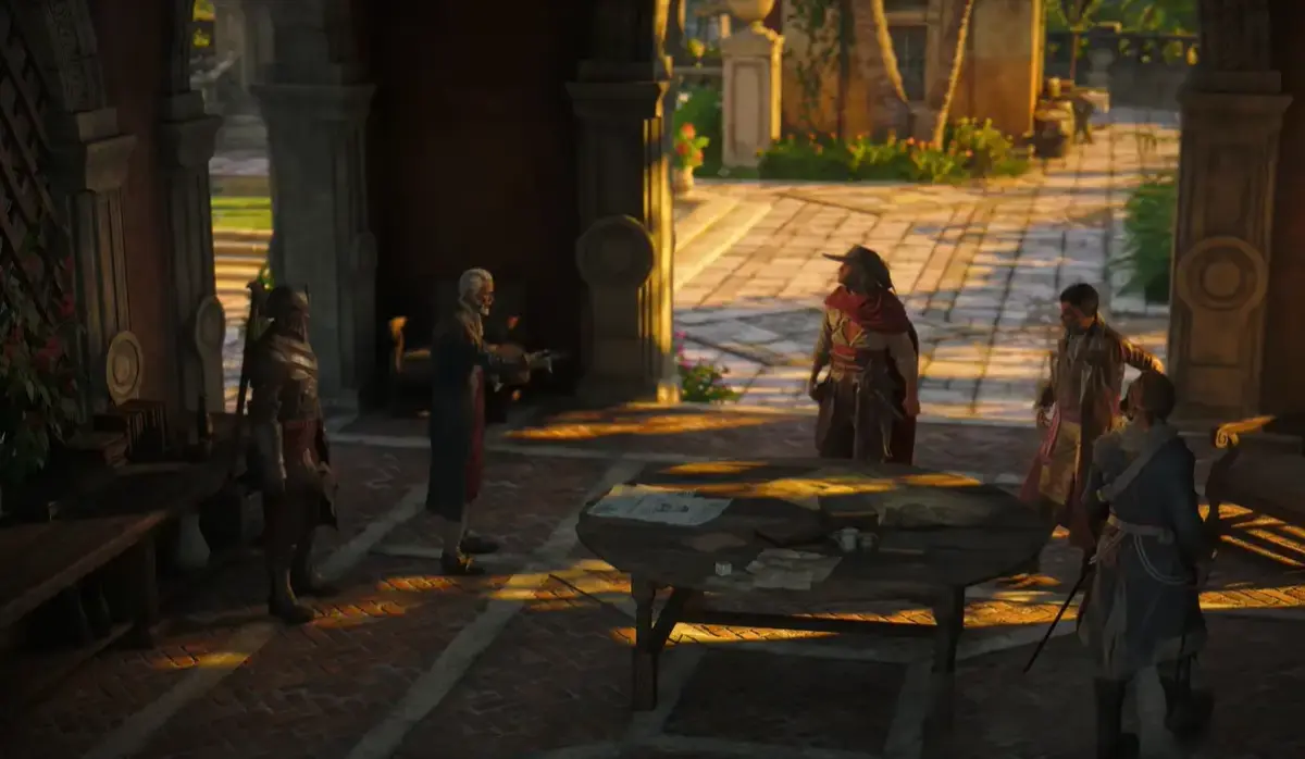 Black Flag Resynced no PC: a Ubisoft quer ver sua placa de vídeo suando 1 Personagens reunidos em torno de uma mesa em ambiente interno iluminado em Assassin's Creed Black Flag Resynced