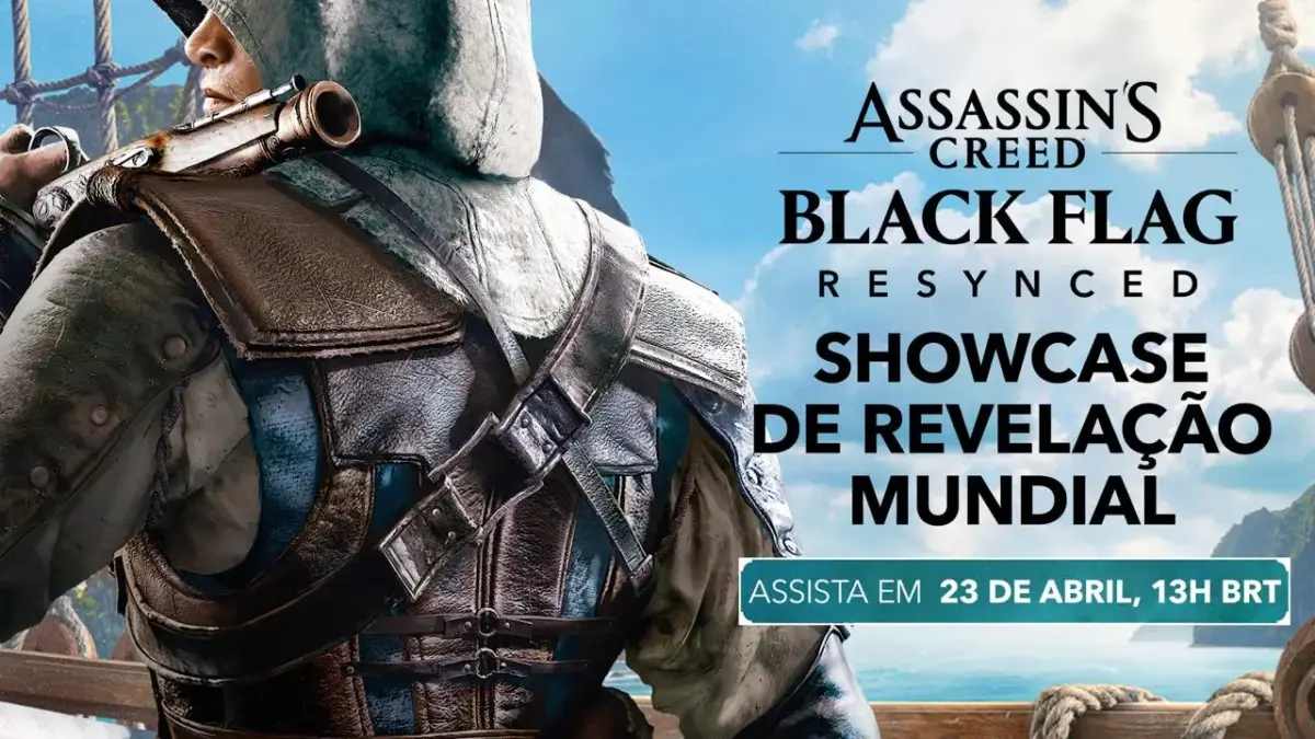 Assassin's Creed Black Flag Resynced terá showcase em 23 de abril 1 Edward Kenway de costas no convés do Jackdaw com o logo de Assassin's Creed Black Flag Resynced e a data do showcase de revelação mundial