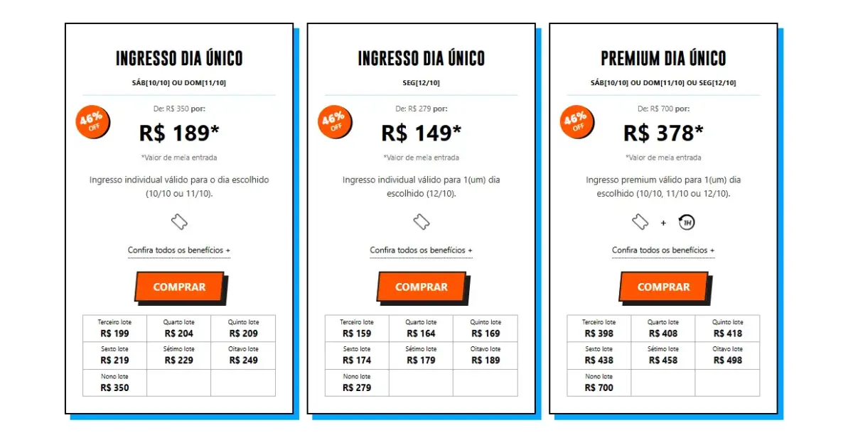 Tipos de ingresso disponíveis no lote inicial: BGS 2026
