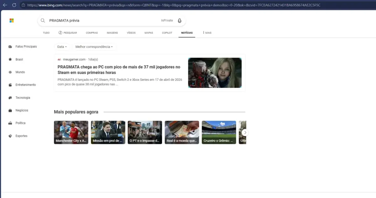 PRAGMATA: a ignorância de quem deveria saber melhor 4 Print do Bing na aba notícias com o MeuGamer em primeiro lugar para a busca PRAGMATA prévia