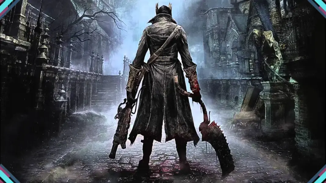 Arte oficial de Bloodborne mostrando o protagonista em ambiente gótico com criaturas de pesadelo, referente ao anúncio do filme animado Sony Pictures.