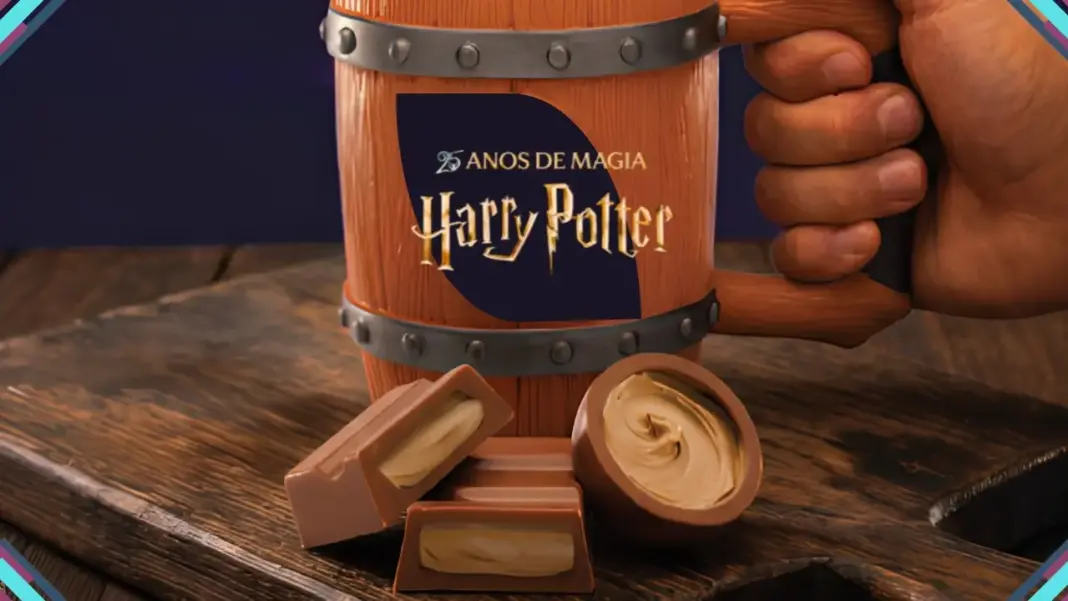 Caneca ButterBeer temática de Harry Potter da Cacau Show em metal com design de barril ao lado de trufas com recheio cremoso