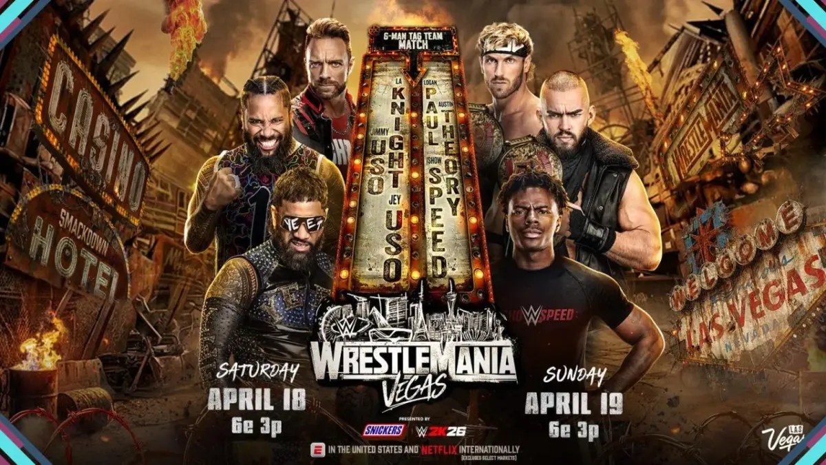 Análises e resultados da WWE WrestleMania 42 - Noite 1 1 The Usos & LA Knight vs Logan Paul, Austin Theory & IShowSpeed