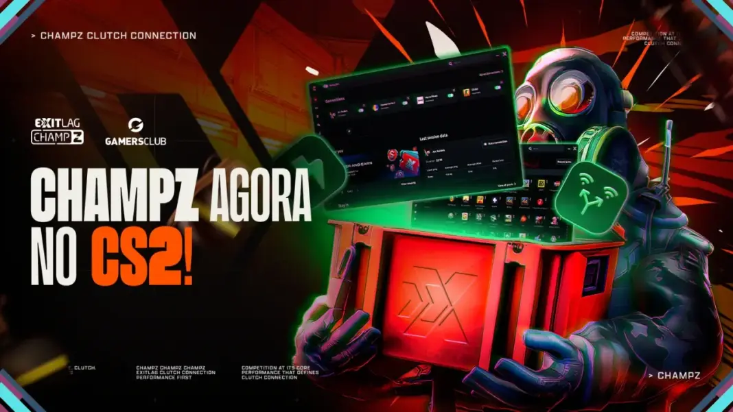 Arte oficial do ExitLag ChampZ com identidade visual de CS2 e logo da ExitLag em destaque