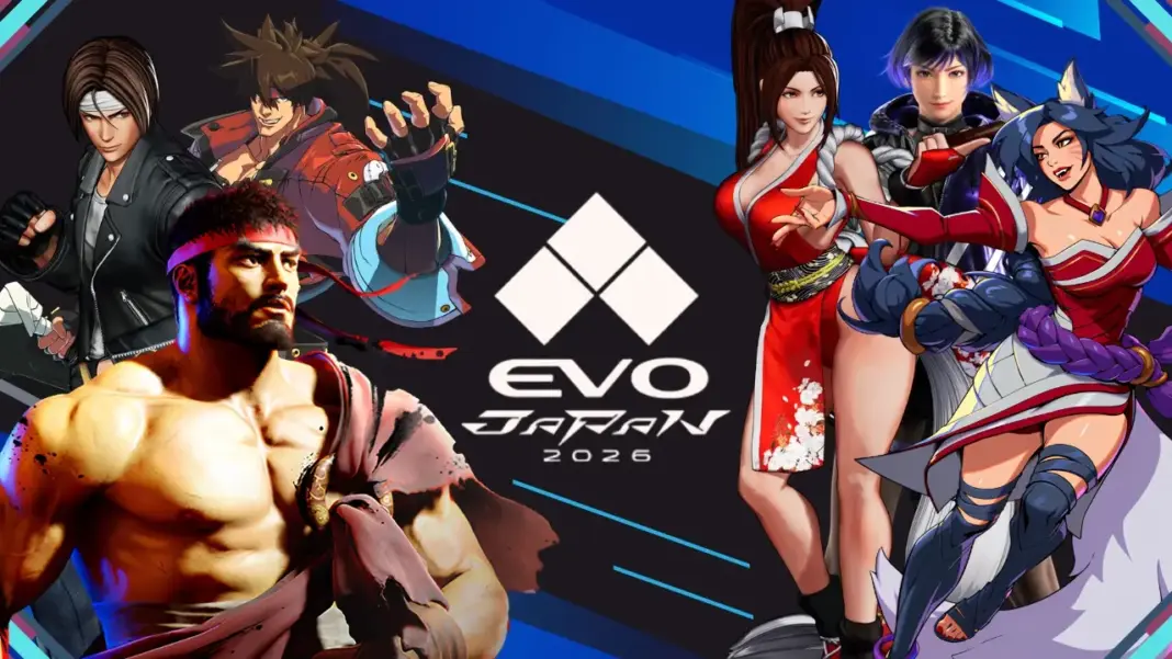 Arte oficial do Evo Japan 2026 com personagens de Street Fighter 6, King of Fighters XV e 2XKO ao redor do logo do evento sobre fundo azul