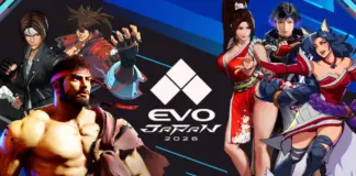 Arte oficial do Evo Japan 2026 com personagens de Street Fighter 6, King of Fighters XV e 2XKO ao redor do logo do evento sobre fundo azul