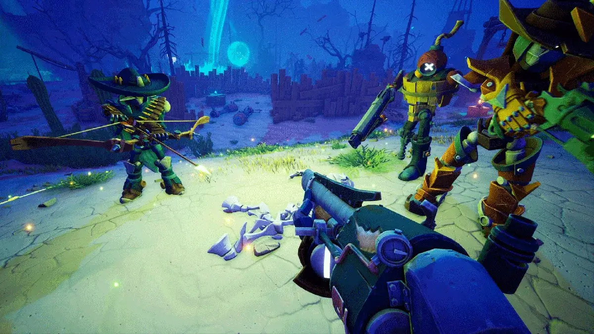 Confira os lançamentos de jogos da última semana de abril e início de maio de 2026 4 Gameplay em primeira pessoa de Far Far West com personagens estilizados em cenário de faroeste sobrenatural