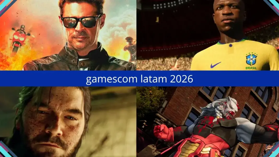 Imagem com quatro quadrantes mostrando cenas de Mortal Kombat II, jogador com camisa da Seleção Brasileira no EA Sports FC, Control Resonant e Invincible VS, com a faixa gamescom latam 2026 ao centro
