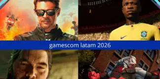 Imagem com quatro quadrantes mostrando cenas de Mortal Kombat II, jogador com camisa da Seleção Brasileira no EA Sports FC, Control Resonant e Invincible VS, com a faixa gamescom latam 2026 ao centro