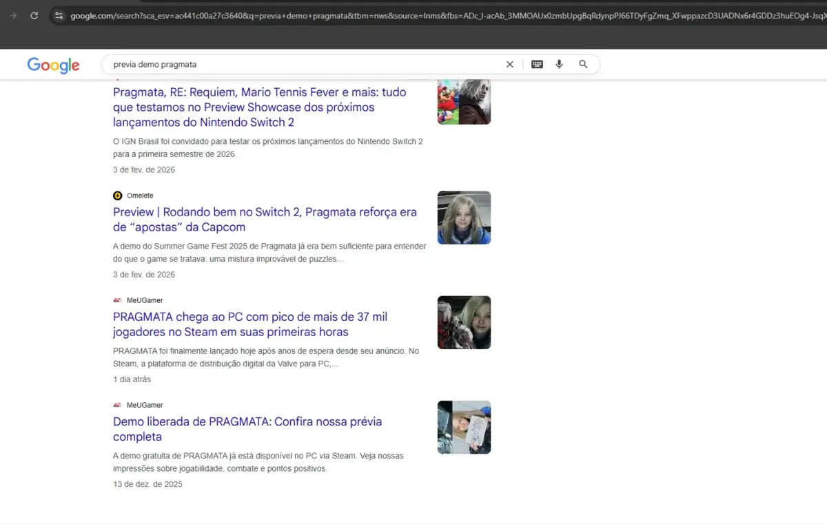 PRAGMATA: a ignorância de quem deveria saber melhor 3 Print da aba de notícias do Google com artigos do MeuGamer sobre PRAGMATA entre os primeiros resultados orgânicos