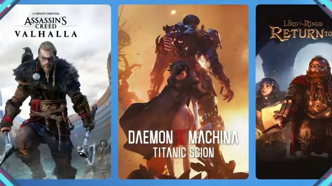 Capas dos jogos do Humble Choice de Abril 2026, incluindo Assassin's Creed Valhalla, Daemon X Machina Titanic Scion e The Lord of the Rings Return to Moria