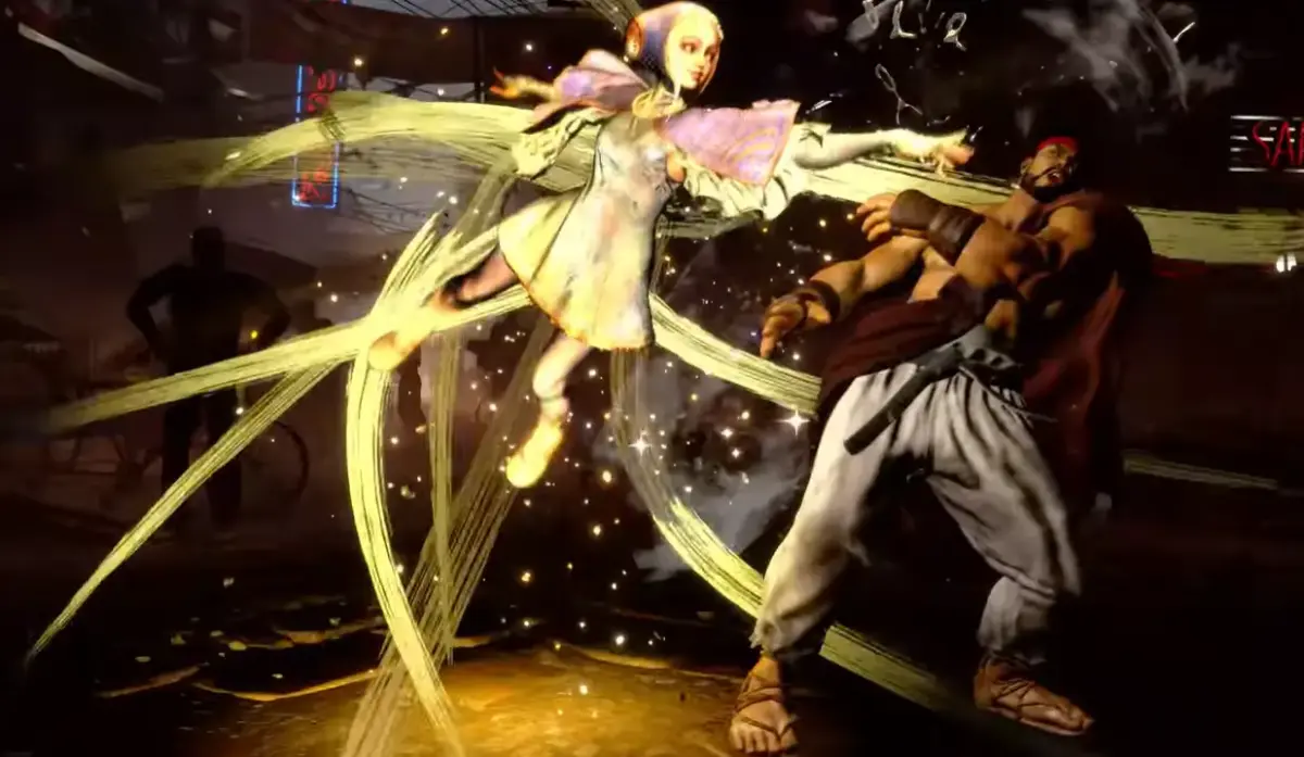 Ingrid está pronta para desafiar no Street Fighter 6 2 Ingrid disparando feixe de energia dourada contra Ryu em combate no Street Fighter 6