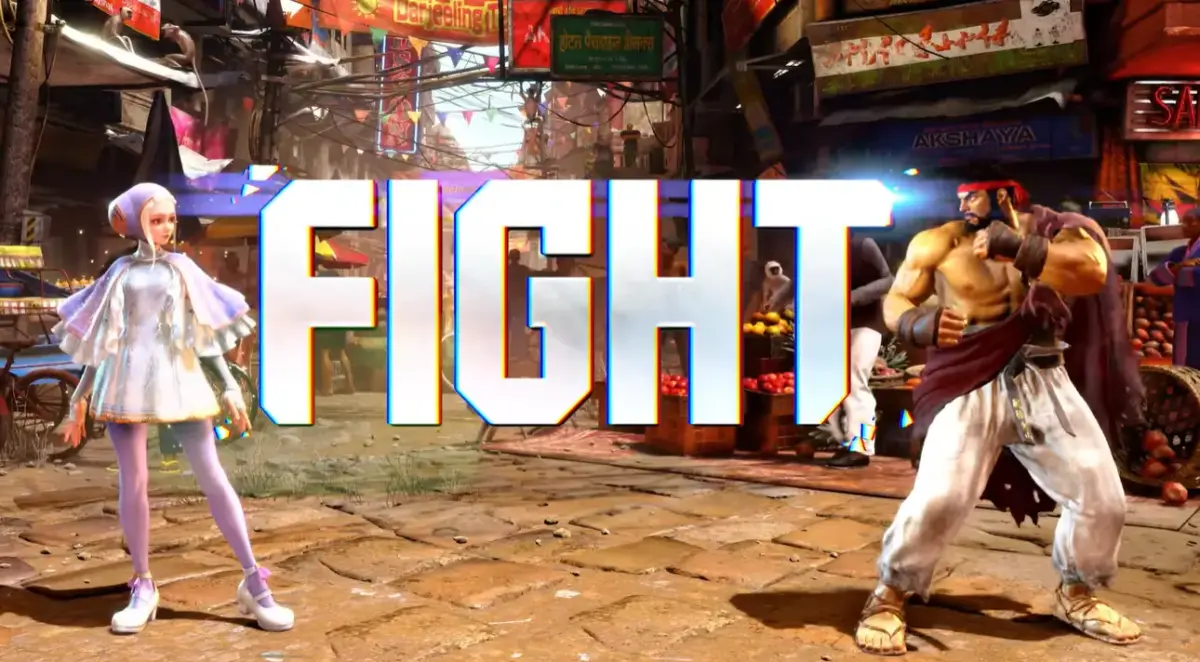 Ingrid está pronta para desafiar no Street Fighter 6 3 Tela de início de luta com Ingrid e Ryu posicionados frente a frente com a palavra FIGHT ao centro em Street Fighter 6