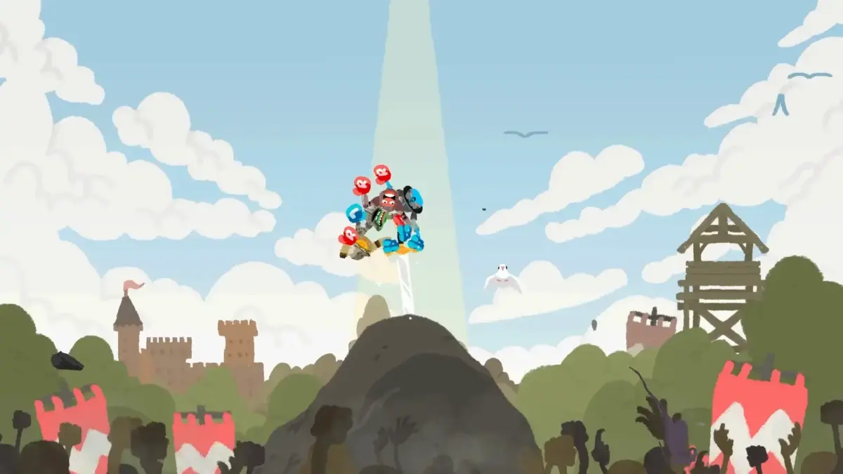 Jogos para jogar na gamescom latam 2026 que talvez você não conheça 6 Personagens de Heave Ho 2 agarrados uns aos outros voando sobre cenário medieval colorido em gameplay cooperativo