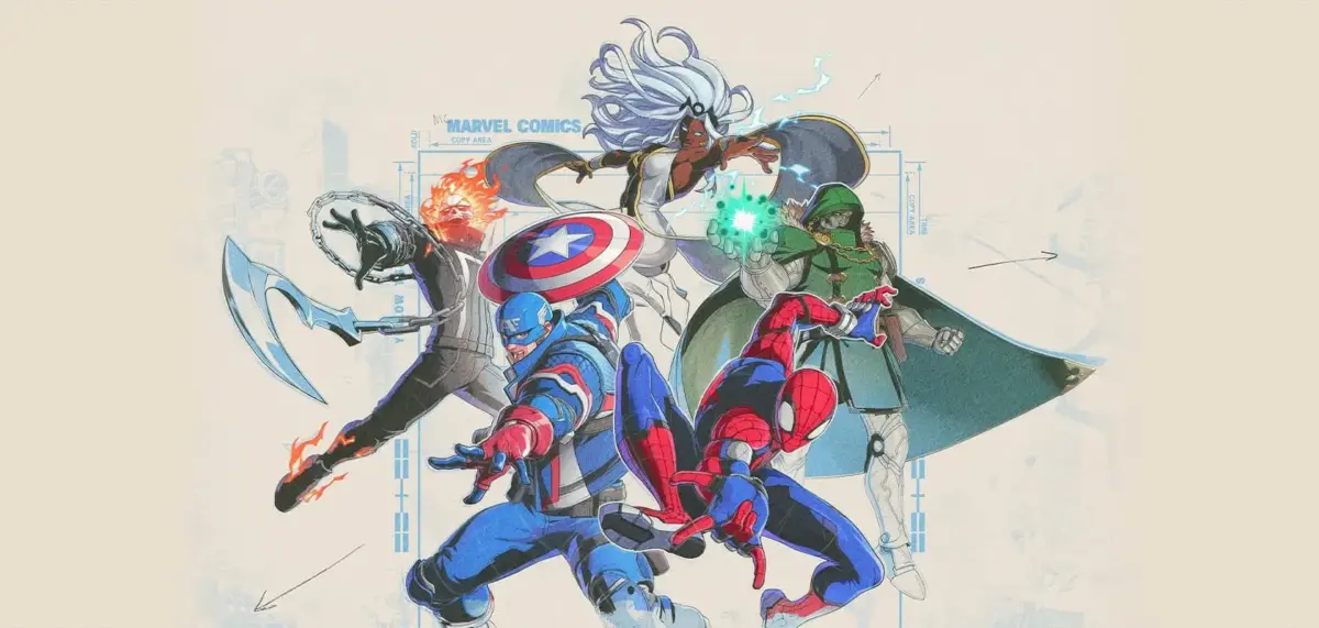 Jogos para jogar na gamescom latam 2026 que talvez você não conheça 3 Capitão América, Homem-Aranha, Tempestade, Doutor Destino e Ghost Rider em arte oficial de Marvel Tokon Fighting Souls