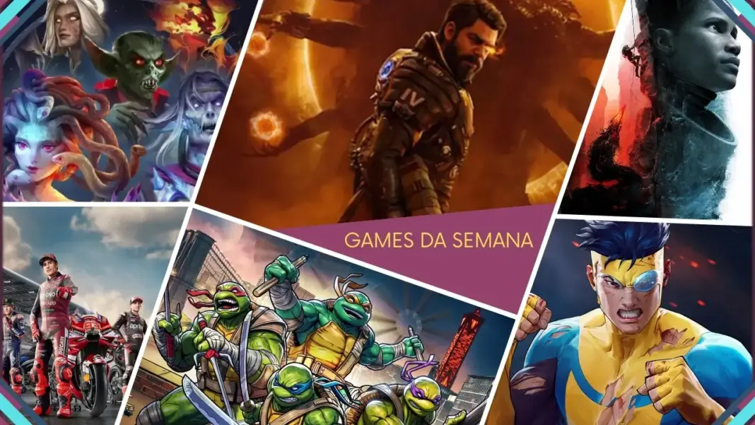Colagem com jogos da semana: Heroes of Might & Magic, Diablo IV, Saros, MotoGP 26, Tartarugas Ninja, Invincible VS e outros lançamentos de abril e maio de 2026