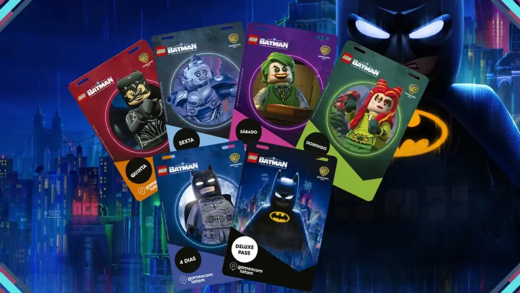 Seis credenciais colecionáveis da Gamescom Latam 2026 com personagens de LEGO Batman: O Legado do Cavaleiro das Trevas sobre fundo preto